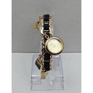 Anne Klein Charm Bracelet Watch Gold Tone Black Chain Purse Charms New Battery